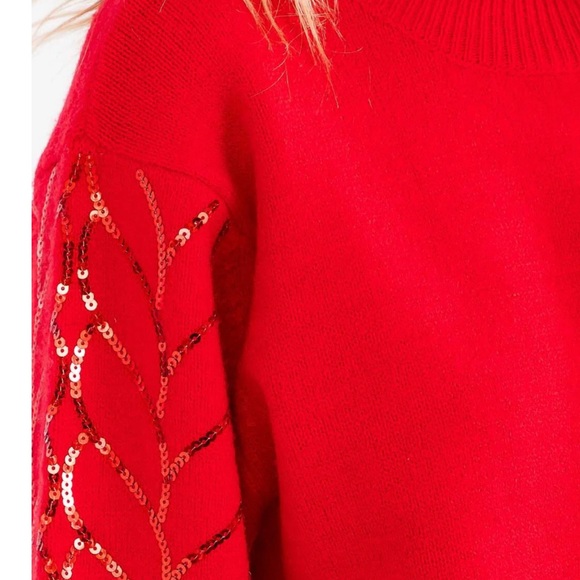 VINE & LOVE beautiful red sequin sleeve holiday sweater S M L - Picture 5 of 8